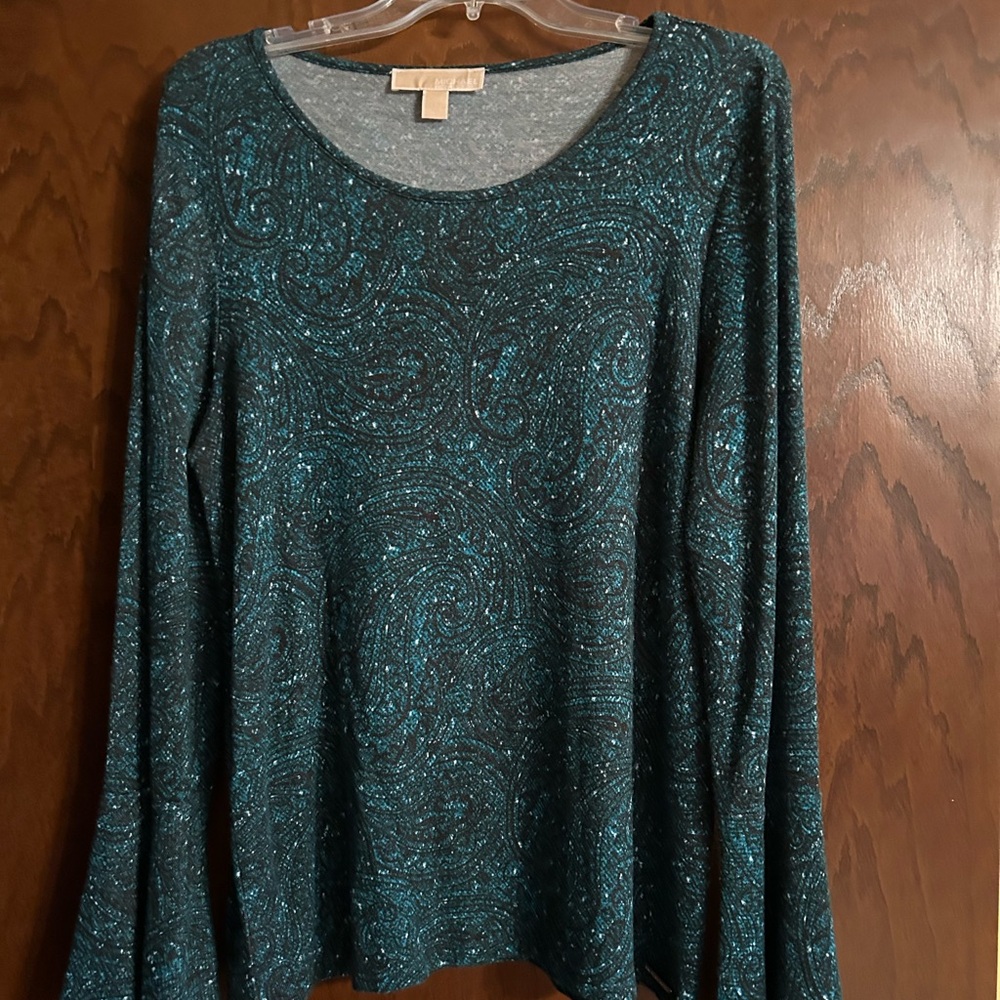 Michael Kors Teal Paisley Long Sleeve Top